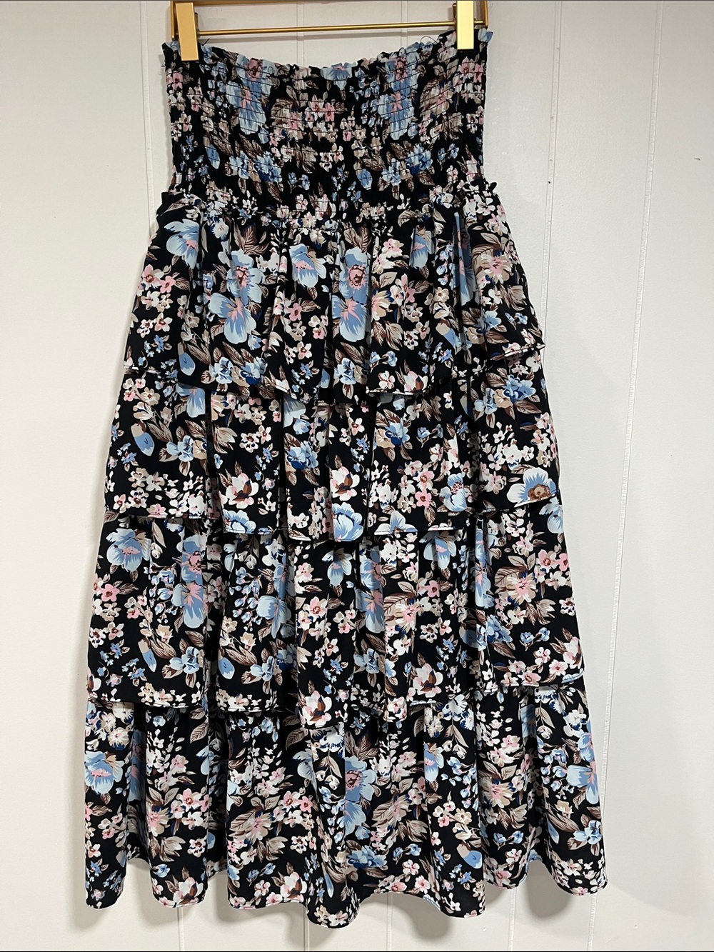 Udel Black Floral Tiered Midi Skirt with Smocked Waist S